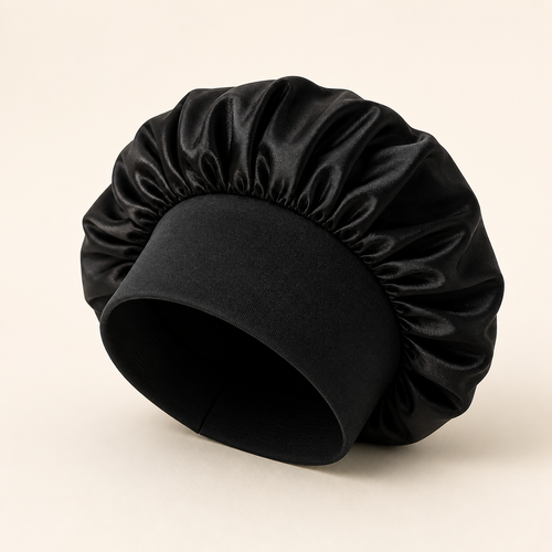 Black satin sleeping bonnet on warm ivory background