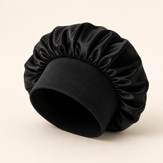 Black satin sleeping bonnet on warm ivory background