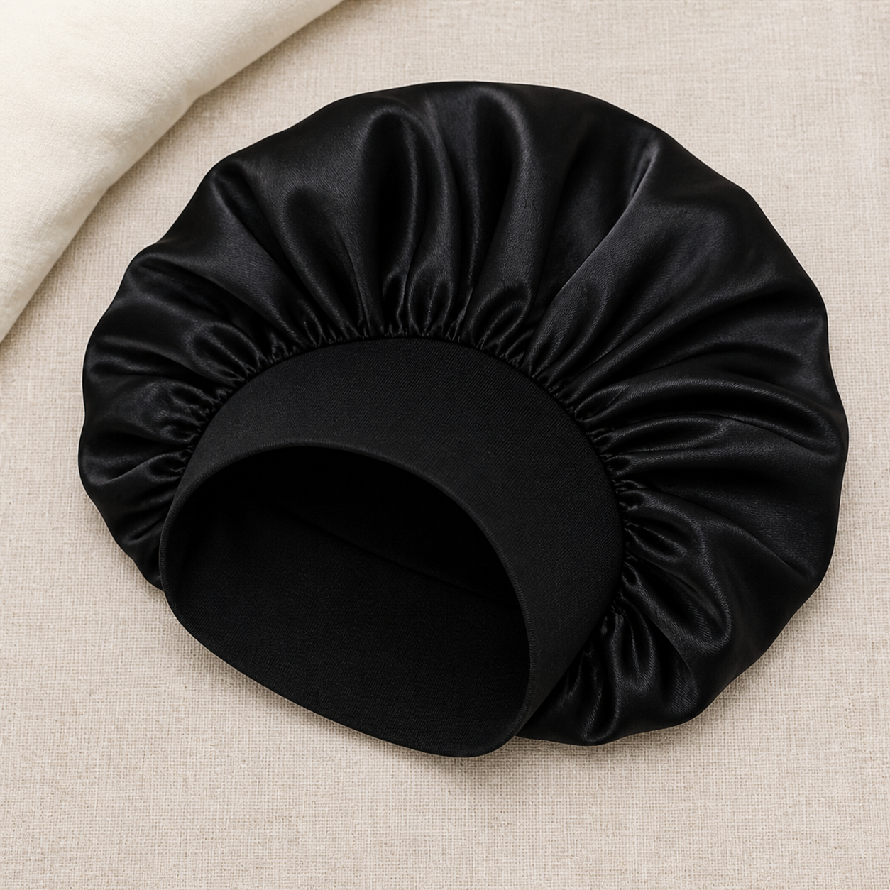 Black satin sleeping bonnet laid open on cream linen