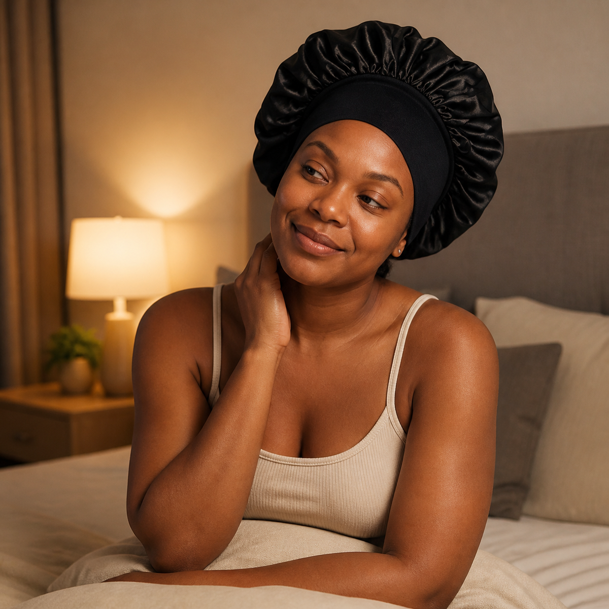 Woman wearing a black satin sleeping bonnet in a bedroom